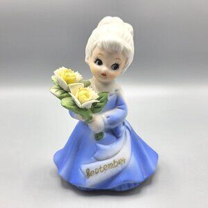 Vintage September Birthday Girl Ceramic Figurine With Yellow Flowers By Napco